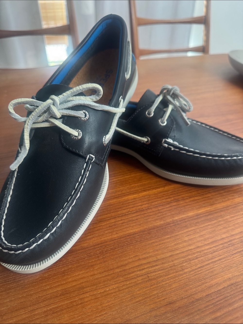 Sperry navy Leather Boat Shoes with White Laces